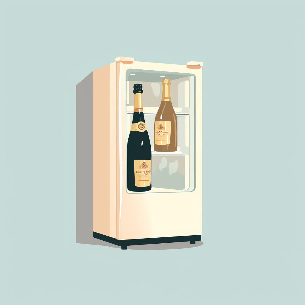 Champagne bottle chilling in a fridge
