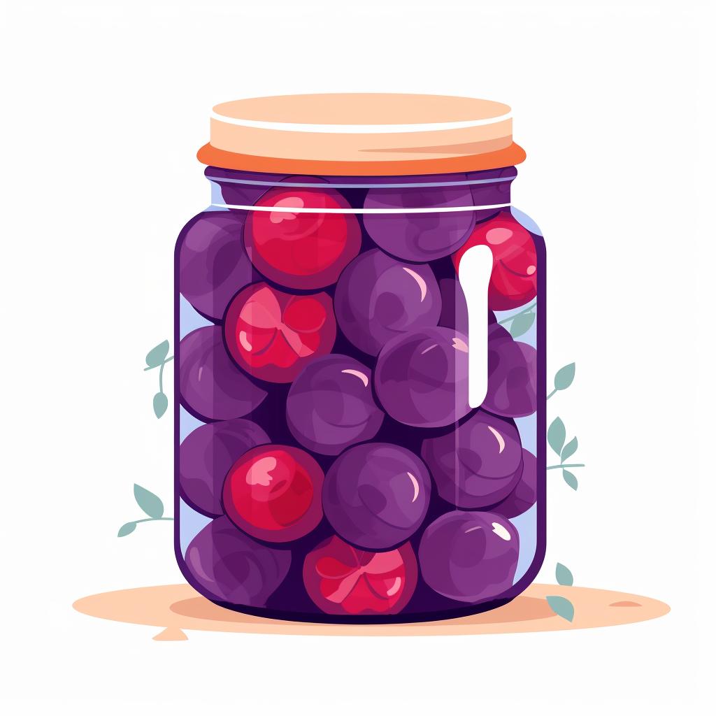 A jar with layers of plums and sugar