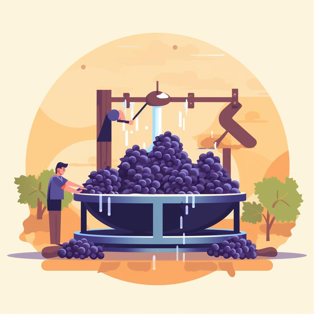 Grapes being pressed and the juice being collected in a vat