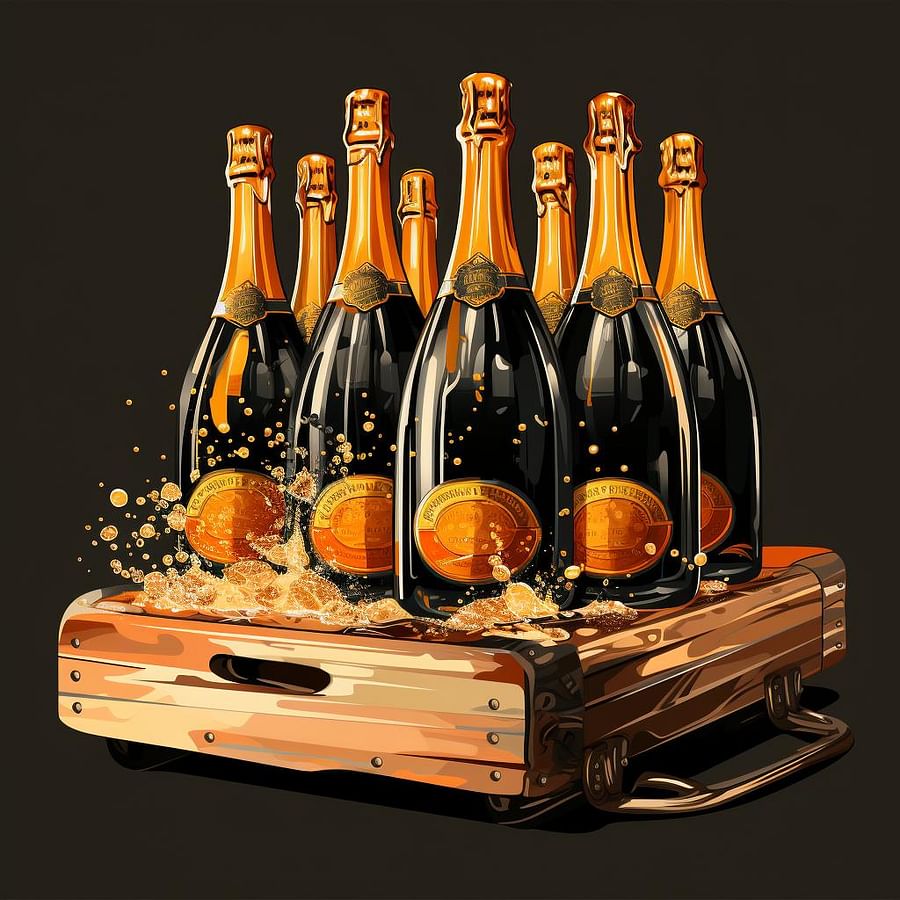 A riddling rack with champagne bottles