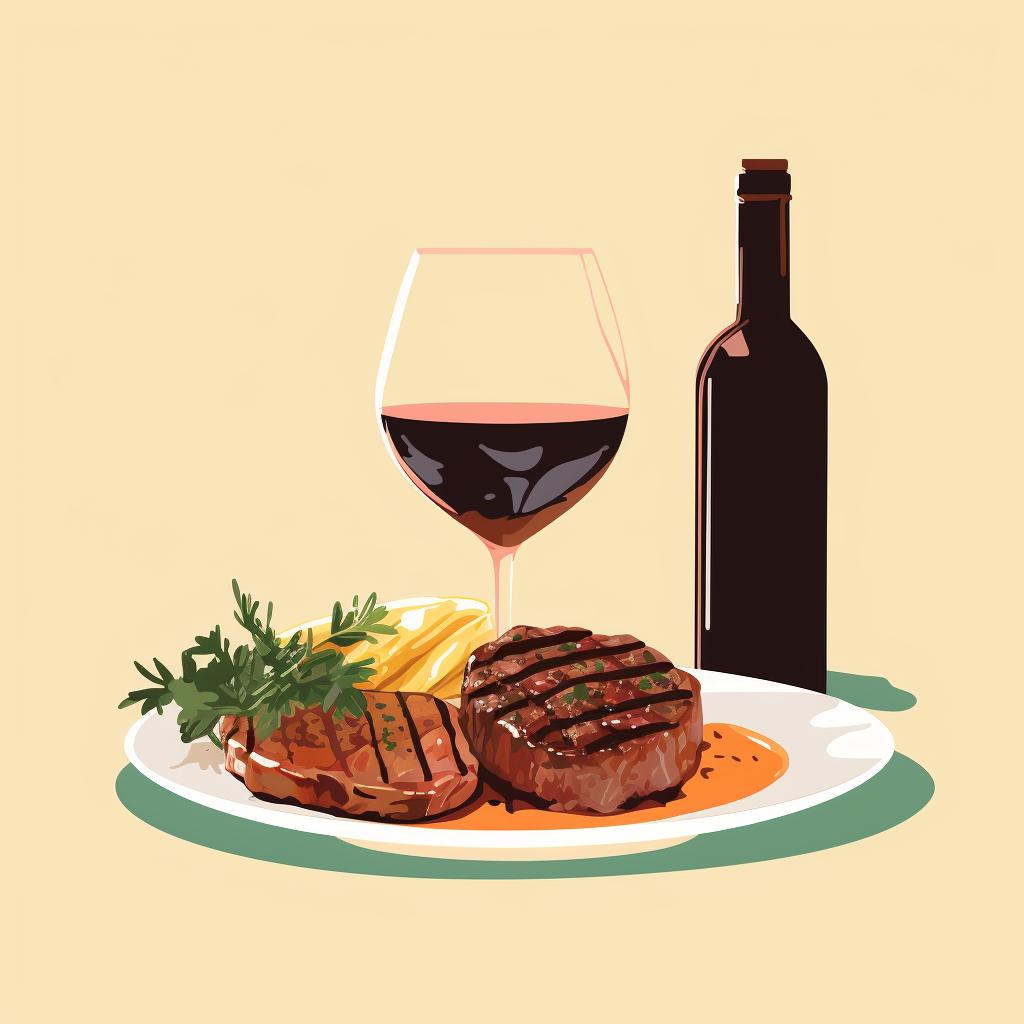 A light-bodied wine next to a plate of grilled chicken and a full-bodied wine next to a steak