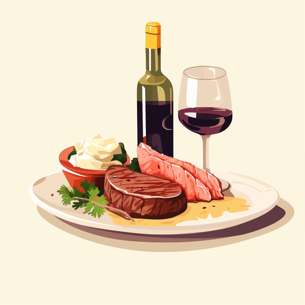 A bottle of white wine next to a seafood dish, and a bottle of red wine next to a steak