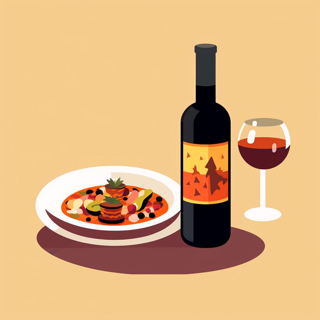 A bottle of sweet wine next to a spicy dish, and a bottle of acidic wine next to a sweet dish