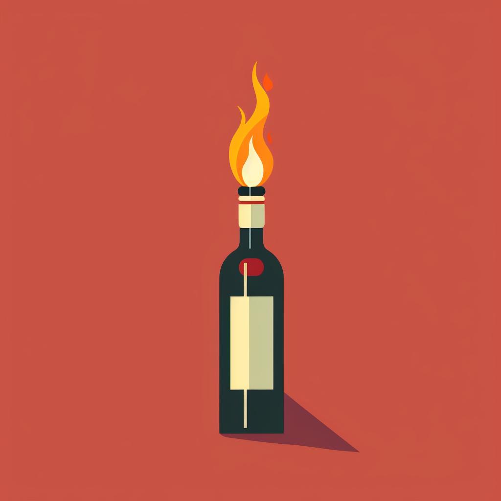 A lighter held under the neck of a wine bottle, flame moving around the circumference.